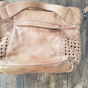 latico Tan Woven Leather Shoulder Bag with Front Zip Pocket